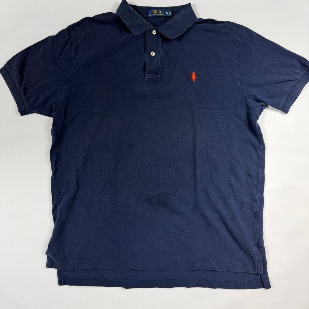 Polo Ralph Lauren Mens XL Navy Blue Pique Polo Shirt Orange Pony Logo *FLAW*